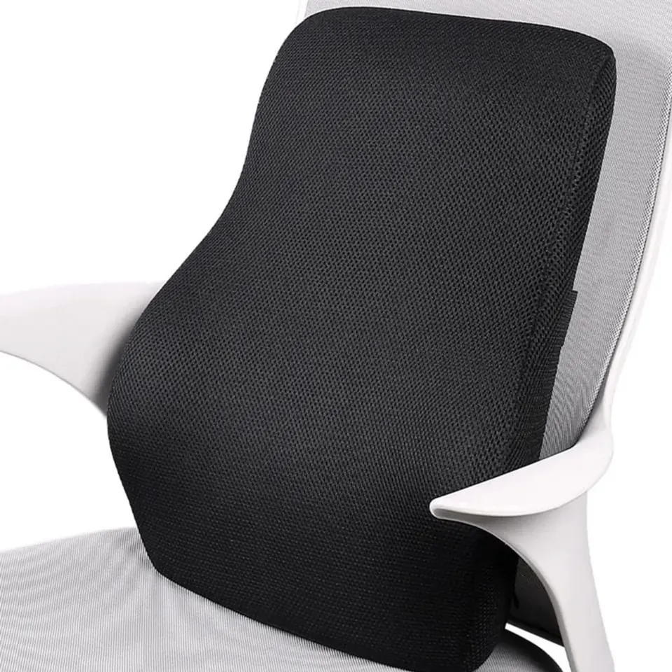 Back Care Cushion in black mesh fabric, fitted to the back of an office chair