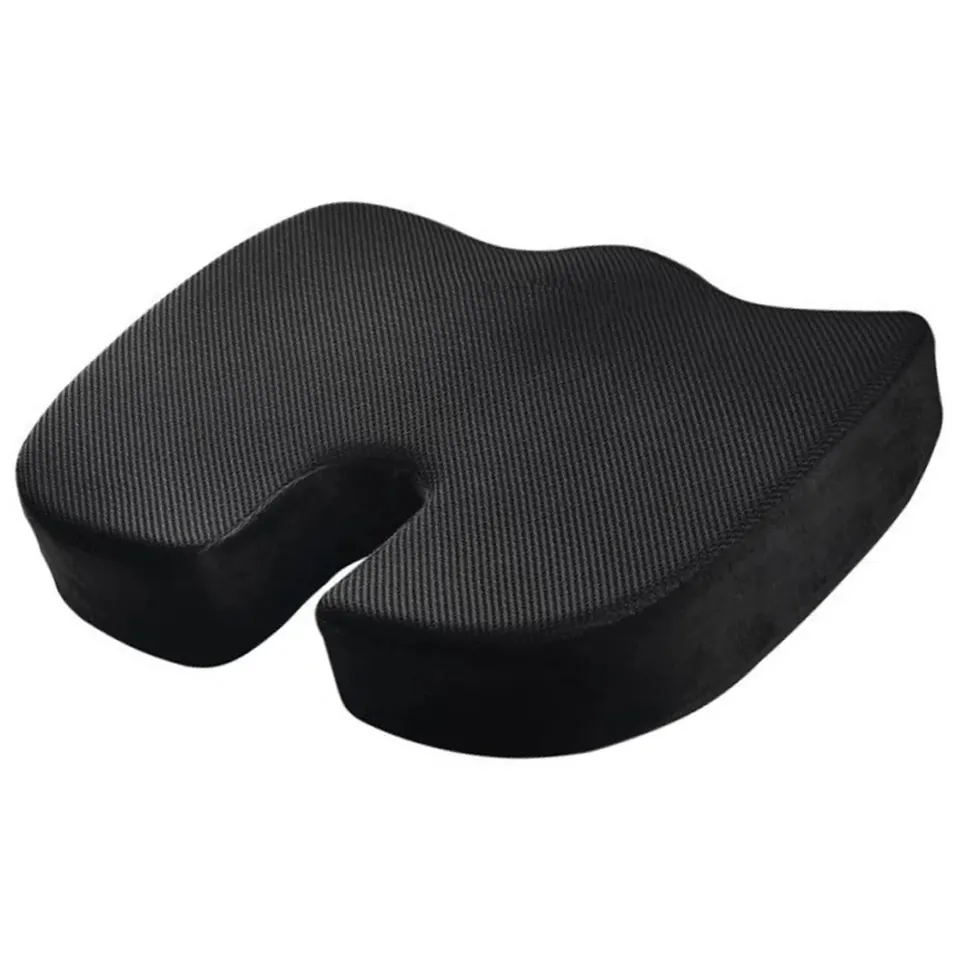 Coccyx Seat Cushion in black, seen from the front with the U-shaped cut-out at the back